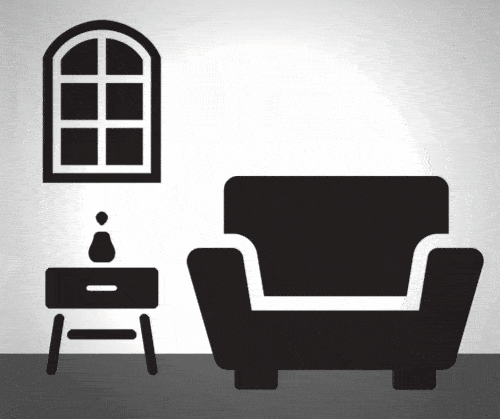 Animation of wallpaper being applied behind a couch and end table.