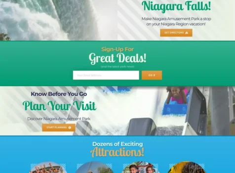 Screenshot of the Niagara Amusement Park & Splash World website, designed by Ninja Graphics Inc. The homepage features a vibrant design with a roller coaster image, promotional banners for season passes, discounts, group bookings, and job opportunities. Additional sections highlight the park’s proximity to Niagara Falls, an email signup for deals, and an overview of attractions including thrill rides, family rides, kiddie rides, and a water park. The footer contains links to park information, policies, and contact details. The site is credited to Marketing Ninjas.