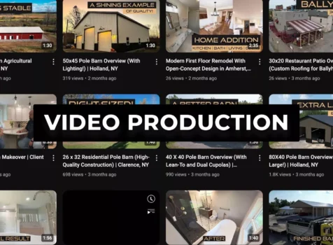 A screenshot of a video gallery showcasing various construction and remodeling projects, with the text 'Video Production' prominently displayed in bold letters.