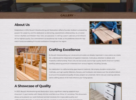 A screenshot of the Reusch Woodworking & Restoration website, designed by Marketing Ninjaz. The homepage features a wood-themed aesthetic with the Reusch Woodworking logo at the top and a prominent contact form encouraging visitors to get in touch. Below, the About Us section describes the company’s history, expertise in custom cabinetry and millwork, and commitment to quality craftsmanship. Additional sections highlight crafting excellence, a showcase of quality, and custom woodworking solutions. Images throughout the page depict woodworking materials, hands-on craftsmanship, and completed cabinetry projects. The footer includes the company’s logo and credits to Marketing Ninjaz for the website design.