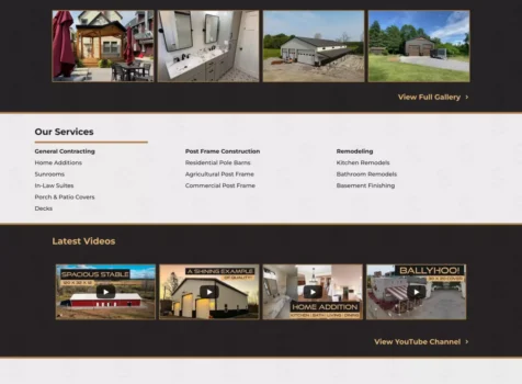 A screenshot of the Stately Builders website, designed by Ninja Graphics Inc. The homepage features a gold and black theme with a large Stately logo overlaid on architectural blueprints. The navigation menu includes links to Kitchen & Bath, Additions & More, Pole Barns, About Us, Photo Gallery, and Get a Quote. Below, sections showcase recent projects with images of home additions, remodeled bathrooms, and pole barn constructions. The services section highlights general contracting, post-frame construction, and remodeling. A latest videos section features embedded YouTube thumbnails. Further down, there are office location maps for Clarence Center, NY (North Office) and Elma, NY (South Office). The footer provides service categories and social media icons, with a credit to Marketing Ninjaz for the website design.